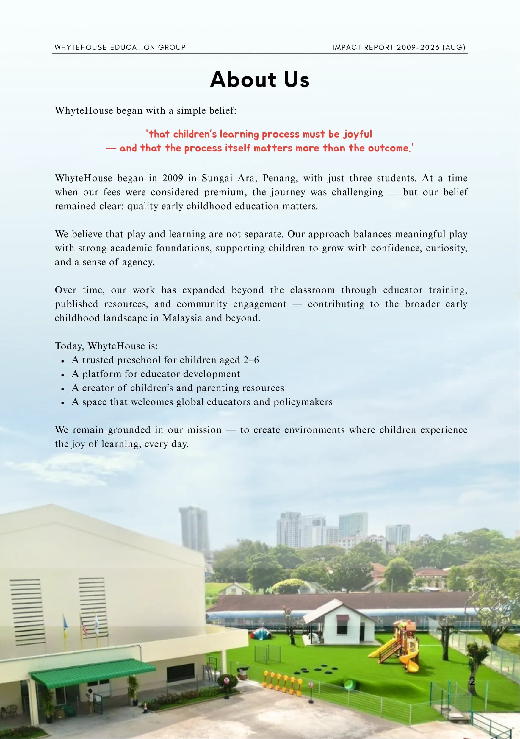 WhyteHouse Education Group Impact Report, page 2 of 24